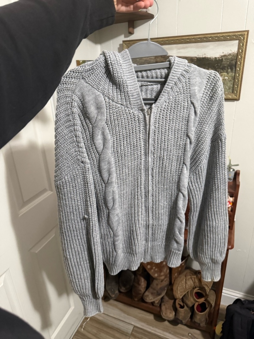 Light Gray Knit Zip-Up Hooded Sweater
